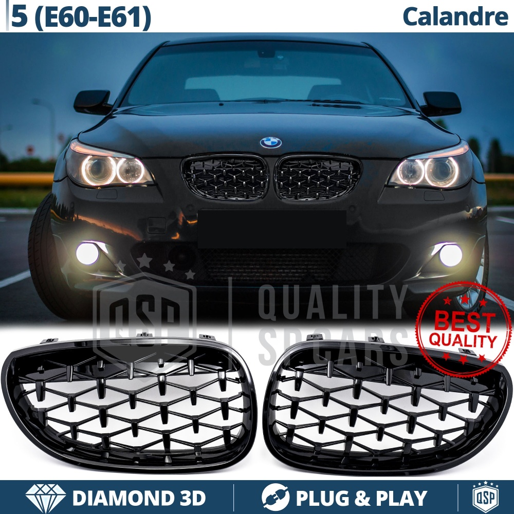 REJILLAS Delanteras para BMW Serie 5 (E60 E61), Estilo Diamante 3D | Negro Brillante Tuning M