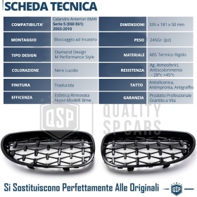 REJILLAS Delanteras para BMW Serie 5 (E60 E61), Estilo Diamante 3D | Negro Brillante Tuning M
