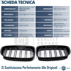 REJILLAS Delanteras para BMW Serie 5 GT F07, Doble Pasillo | Negro Brillante Tuning M