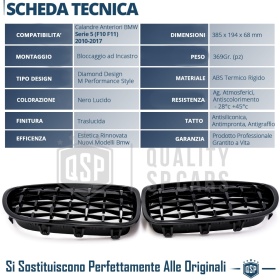 REJILLAS Delanteras para BMW Serie 5 (F10 F11), Estilo Diamante 3D | Negro Brillante Tuning M
