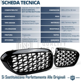 REJILLAS Delanteras para BMW Serie 5 G30 G31 (17-20), Estilo Diamante 3D | Negro Brillante Tuning M