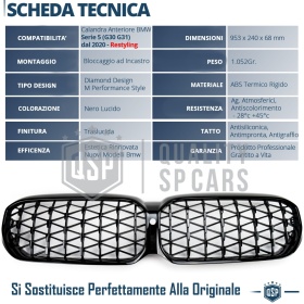 REJILLA Delanteras para BMW Serie 5 G30 G31 desde 2020, Estilo Diamante 3D | Negro Brillante Tuning M
