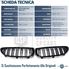 REJILLAS Delanteras para BMW Serie 6 (E63 E64), Doble Pasillo | Negro Brillante Tuning M