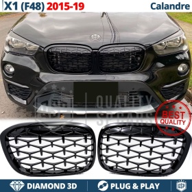 REJILLAS Delanteras para BMW X1 F48 (15-19), Estilo Diamante 3D | Negro Brillante Tuning M