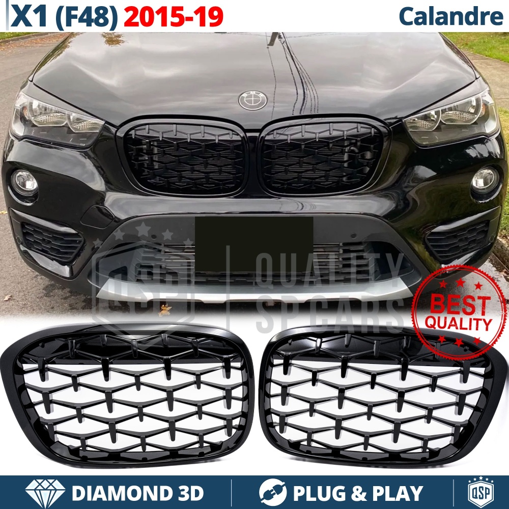REJILLAS Delanteras para BMW X1 F48 (15-19), Estilo Diamante 3D | Negro Brillante Tuning M