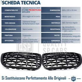 REJILLAS Delanteras para BMW X1 F48 (15-19), Estilo Diamante 3D | Negro Brillante Tuning M