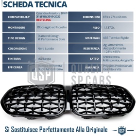 REJILLA Delanteras para BMW X1 F48 (19-22), Estilo Diamante 3D | Negro Brillante Tuning M