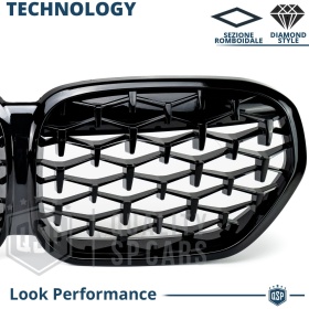 REJILLA Delanteras para BMW X1 F48 (19-22), Estilo Diamante 3D | Negro Brillante Tuning M