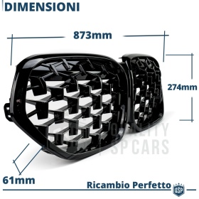 REJILLA Delanteras para BMW X1 F48 (19-22), Estilo Diamante 3D | Negro Brillante Tuning M