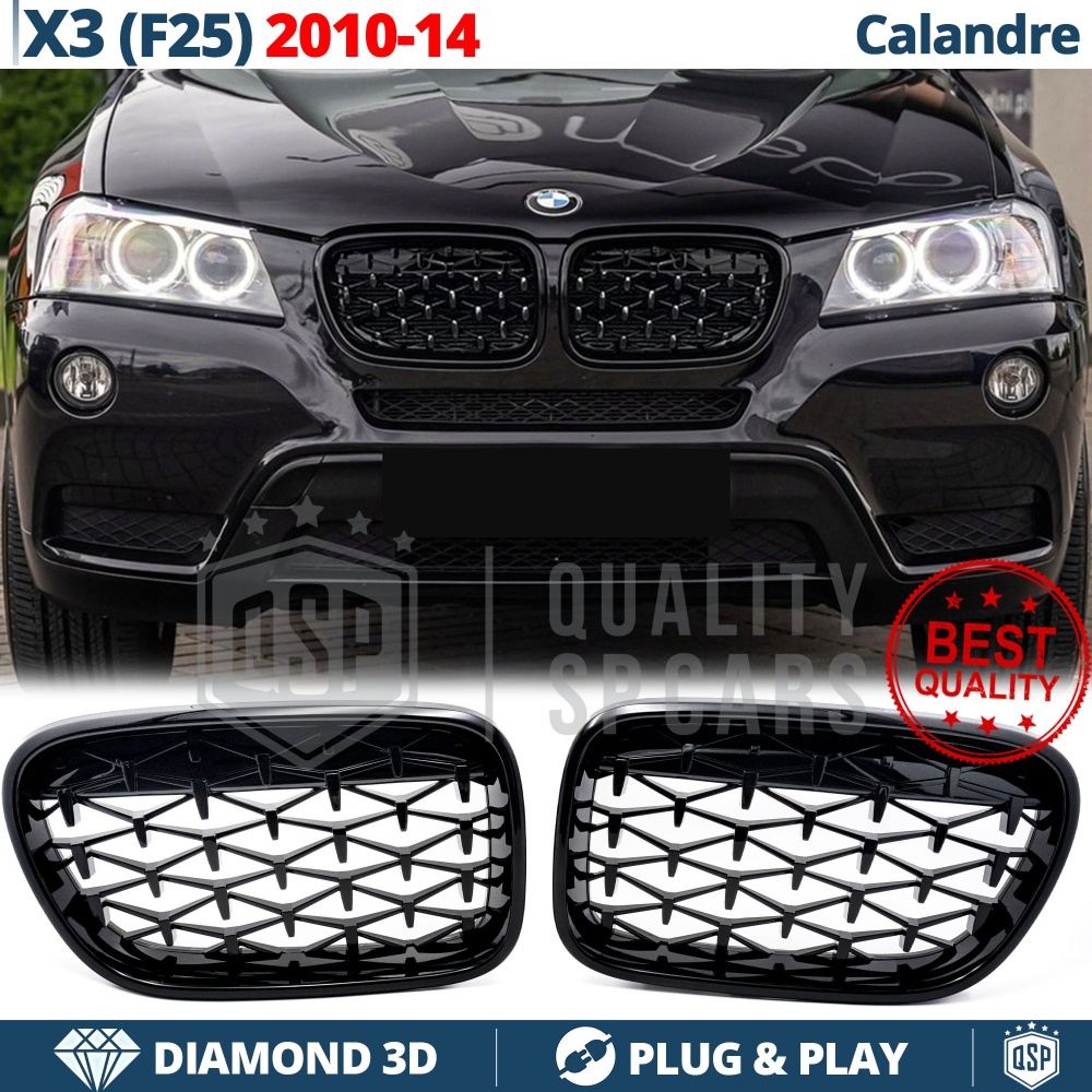 REJILLAS Delanteras para BMW X3 F25 (10-14) Estilo Diamante 3D | Negro Brillante Tuning M