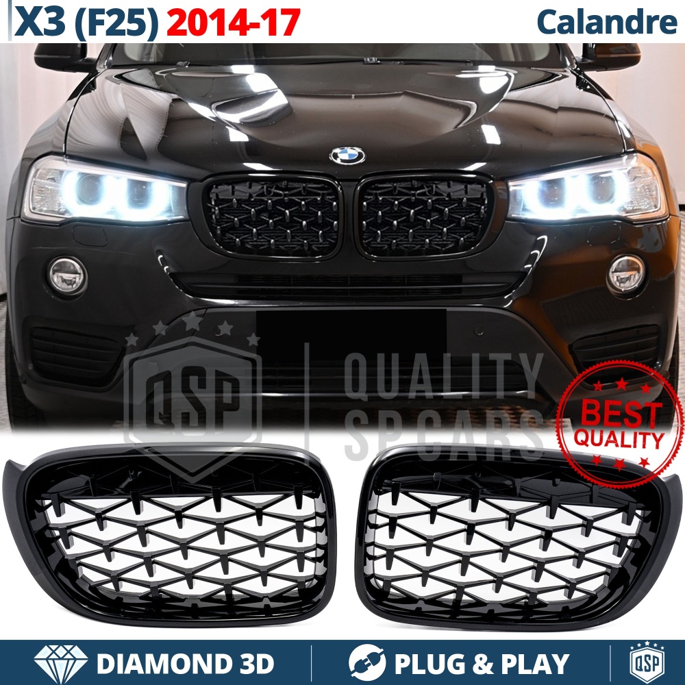 REJILLAS Delanteras para BMW X3 F25 (14-17), Estilo Diamante 3D | Negro Brillante Tuning M