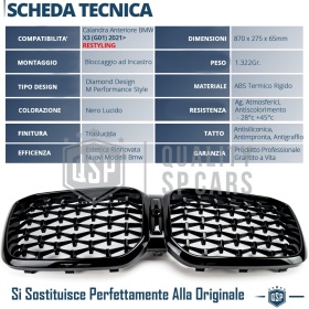 REJILLA Delanteras para BMW X3 G01 (desde 2021), Estilo Diamante 3D | Negro Brillante Tuning M