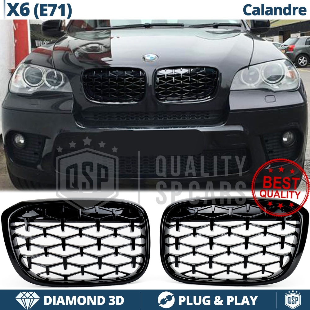 REJILLAS Delanteras para BMW X6 (E71), Estilo Diamante 3D | Negro Brillante Tuning M
