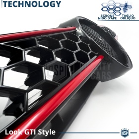 REJILLA Delantera para Vw GOLF 6 GTI Style Parrilla Tuning Negro Brillante Raya Roja