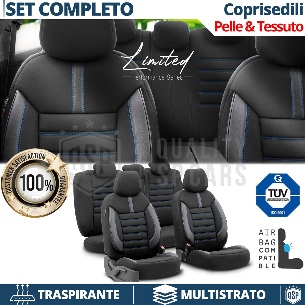 FUNDAS DE ASIENTO para Ssangyong Rexton en CUERO PU, Tejido, Costuras AZUL | COMPLETO Delantero + Trasero | Certificados TÜV