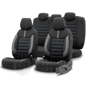 FUNDAS DE ASIENTO para Ssangyong Rexton en CUERO PU, Tejido, Costuras AZUL | COMPLETO Delantero + Trasero | Certificados TÜV