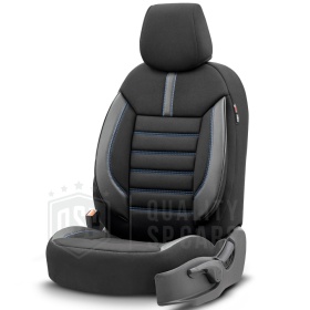 FUNDAS DE ASIENTO para Ssangyong Musso en CUERO PU, Tejido, Costuras AZUL | COMPLETO Delantero + Trasero | Certificados TÜV
