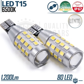 2pcs T15 - W16W LED Bulbs CANbus Error FREE, Powerful White Light with LENS | 1200LM 80 LED