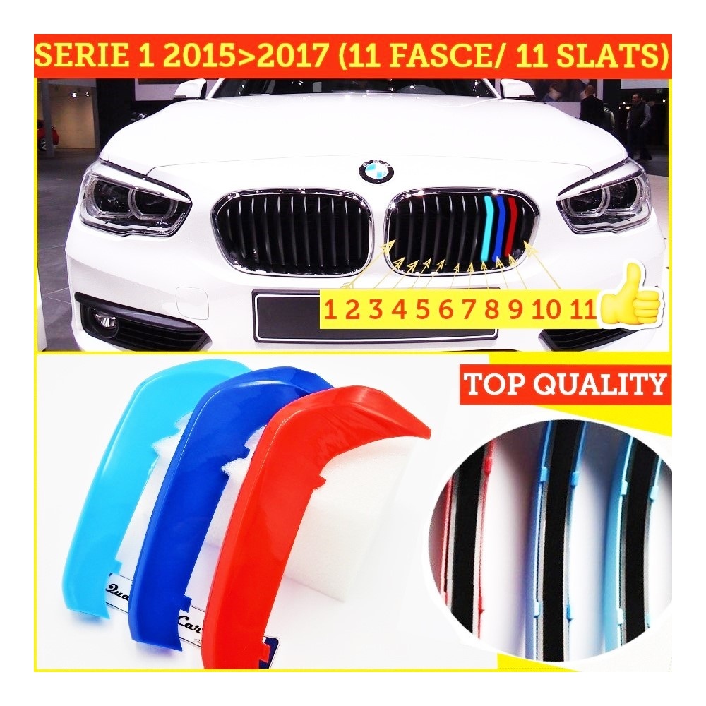 X3 Bandes en ABS COUVRE CALANDRE couleurs M SPORT pour BMW SERIE 1 (F20 F21) Phase II 15-17 avec Calandre à 11 Bandes