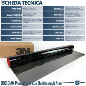 1m PELÍCULA TINTE 3M™ para Ventanillas de Coche Aprobada, OBSIDIAN 25 Profesional | Medio Claro