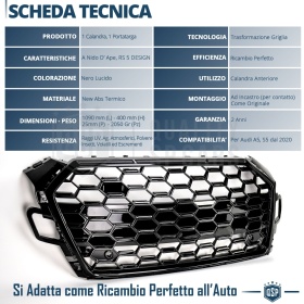REJILLA Delantera para Audi A5 F5, S5 (desde 2020), Parrilla NIDO DE ABEJA Negro Brillante | Tuning Estilo rs