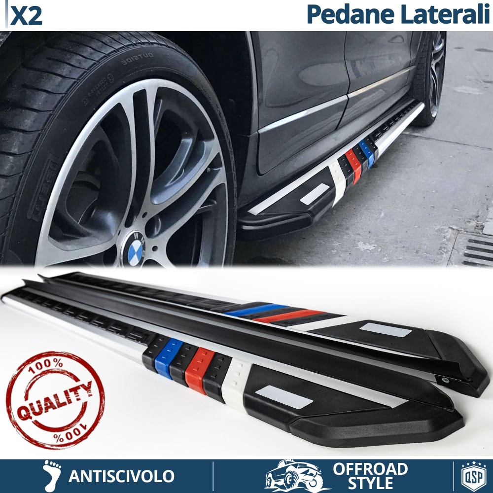 PEDANE Laterali Sottoporta per BMW X2 in Alluminio e Inserti Colorati in PVC Antiscivolo Stile M
