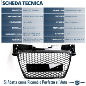REJILLA Delantera para Audi TT 8J, Parrilla NIDO DE ABEJA Negro Brillante | Tuning Estilo rs
