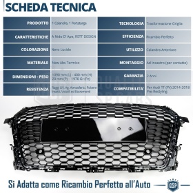 REJILLA Delantera para Audi TT 8S (14-18), Parrilla NIDO DE ABEJA Negro Brillante | Tuning Estilo rs