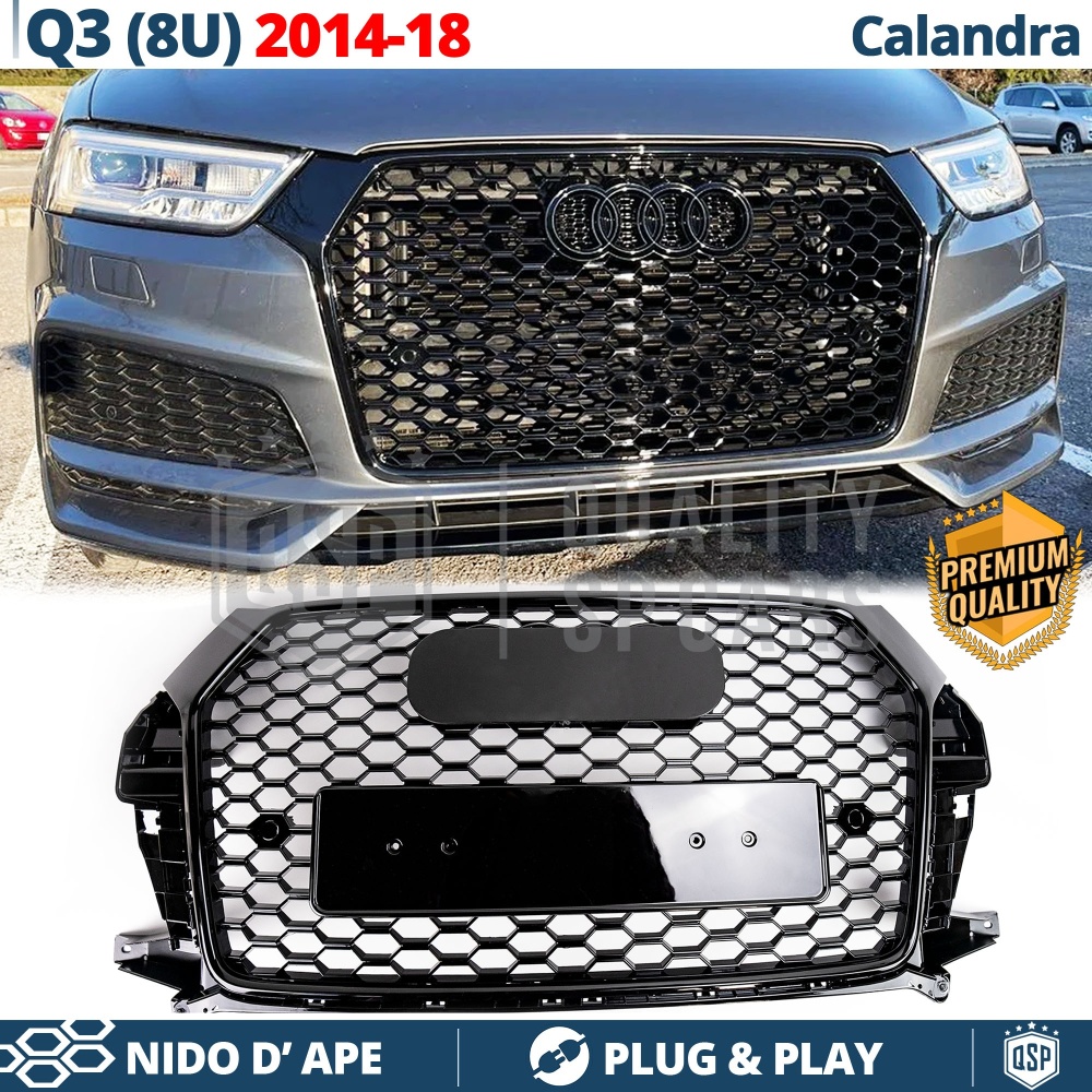 REJILLA Delantera para Audi Q3 8U (14-18), Parrilla NIDO DE ABEJA Negro Brillante | Tuning Estilo rs