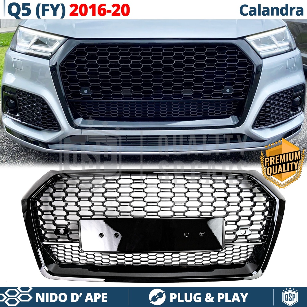 REJILLA Delantera para Audi Q5 FY, SQ5 (16-20), Parrilla NIDO DE ABEJA Negro Brillante | Tuning Estilo rs