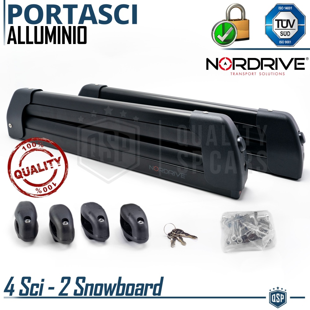 PORTAESQUÍS Coche Universal NORDRIVE en Aluminio NEGRO | Sobre Techo con Barras de Techo | Aprobado TÜV GS