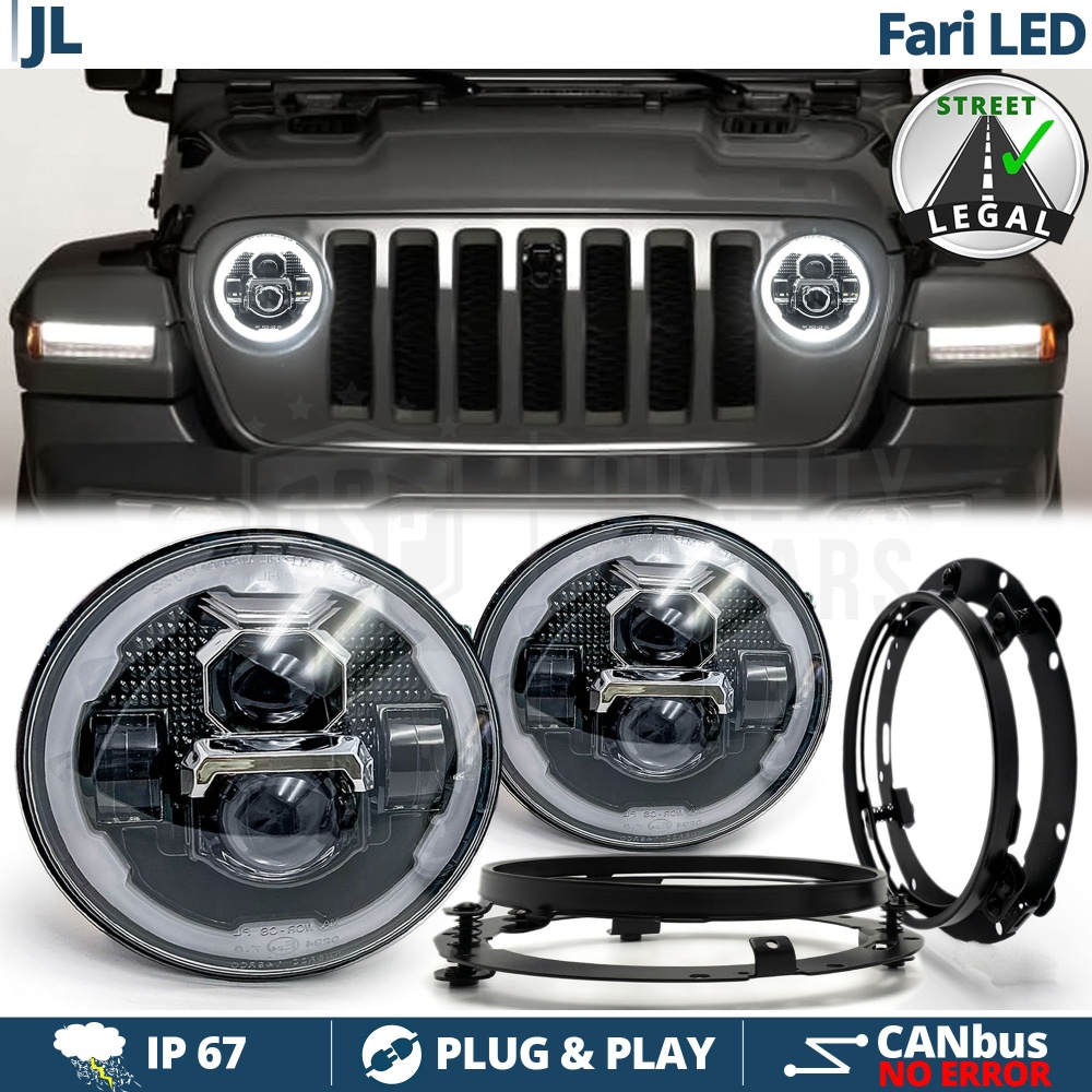 FAROS LED + Soportes para JEEP WRANGLER JL, Luz Blanca 6500K Angel Eyes | APROBADO