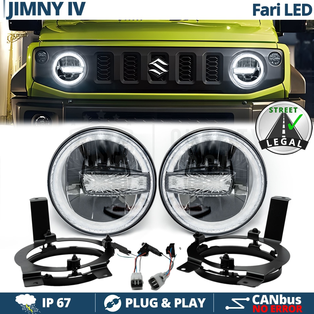 FAROS LED 7'' + Soportes para SUZUKI JIMNY 4, APROBADO | Luz Blanca 6500K 12.000 Lumen