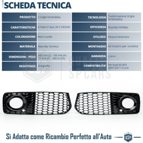 Rejilla Luz de Niebla para AUDI A5 S-Line, S5 (8T) 07-11 | Parilla Nido de Abeja, Negro Brillante Tuning