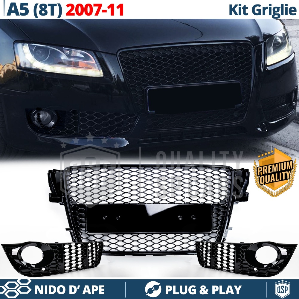 REJILLA DELANTERA + REJILLAS LUZ DE NIEBLA para AUDI A5 8T (07-11) | Negras Nido de Abeja REJILLA DELANTERA + REJILLAS LUZ DE NIEBLA para AUDI A5 8T (07-11) | Negras Nido de Abeja