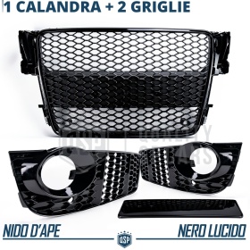 REJILLA DELANTERA + REJILLAS LUZ DE NIEBLA para AUDI A5 8T (07-11) | Negras Nido de Abeja