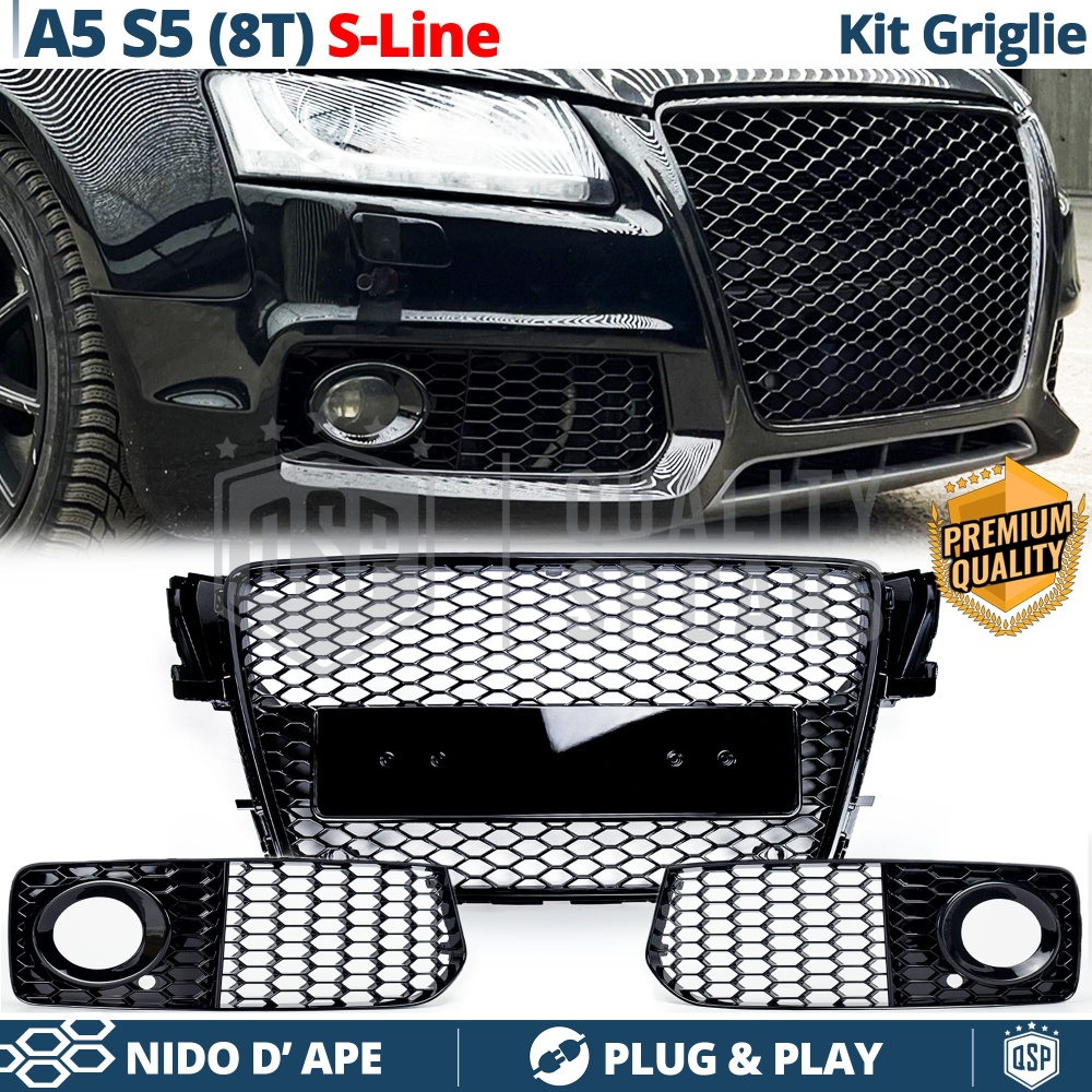 FRONT GRILL + FOG LIGHT GRILLS Bumper for AUDI A5 (8T) S-Line, S5 07-11 | Black Honeycomb Grills Tuning FRONT GRILL + FOG LIGHT GRILLS Bumper for AUDI A5 (8T) S-Line, S5 07-11 | Black Honeycomb Grills Tuning