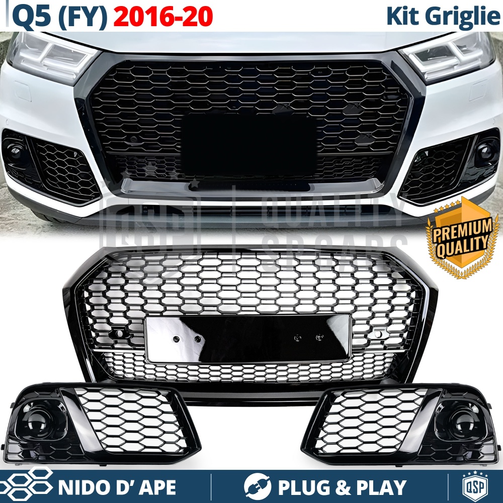 CALANDRA + GRIGLIE FENDINEBBIA per AUDI Q5 FY (16-20) | Mascherine Nere Tuning a Nido d' Ape CALANDRA + GRIGLIE FENDINEBBIA per AUDI Q5 FY (16-20) | Mascherine Nere Tuning a Nido d' Ape