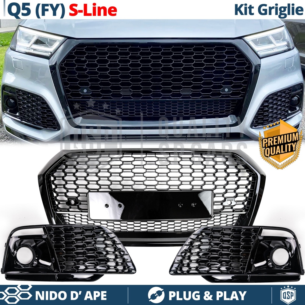 REJILLA DELANTERA + REJILLAS LUZ DE NIEBLA para AUDI Q5 FY S-Line, SQ5 (16-20) | Negras Nido de Abeja REJILLA DELANTERA + REJILLAS LUZ DE NIEBLA para AUDI Q5 FY S-Line, SQ5 (16-20) | Negras Nido de Abeja