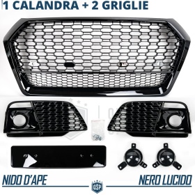 REJILLA DELANTERA + REJILLAS LUZ DE NIEBLA para AUDI Q5 FY S-Line, SQ5 (16-20) | Negras Nido de Abeja