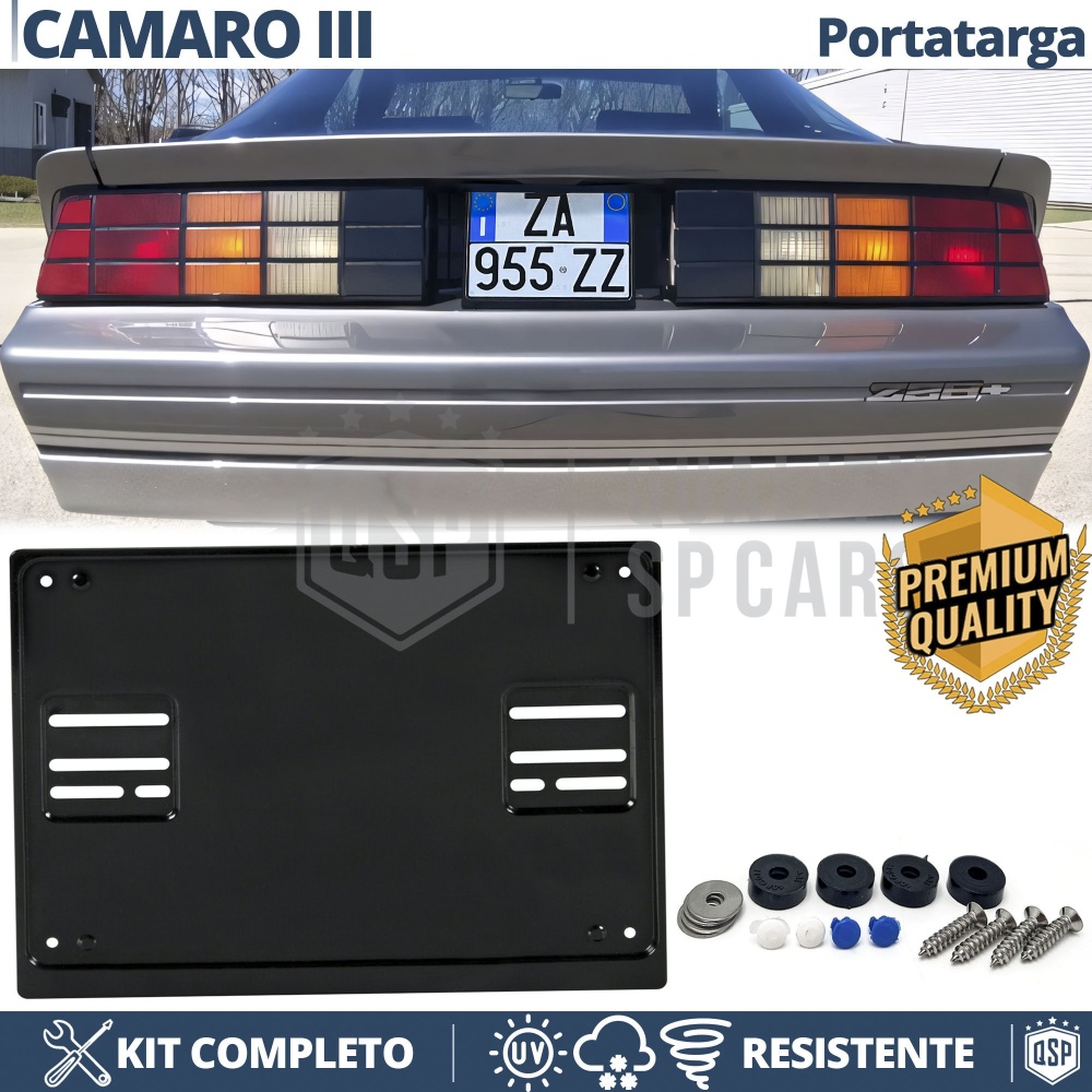 Portamatrícula TRASERO para Chevrolet Camaro 3 Cuadrado | Kit COMPLETO en ACERO INOXIDABLE Negro