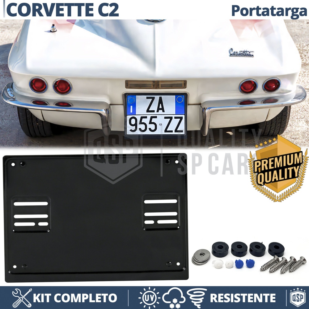 REAR Square License Plate Holder for Chevrolet Corvette C2 | FULL Kit in Black STAINLESS STEEL
