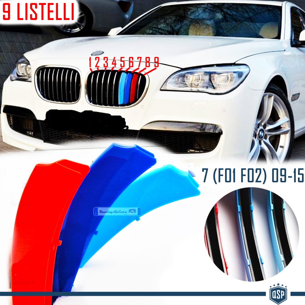3x Grille COVER STRIPES in Colors M Sport for BMW 7 Series (F01 F02) 08-15 with 9 vertical grills