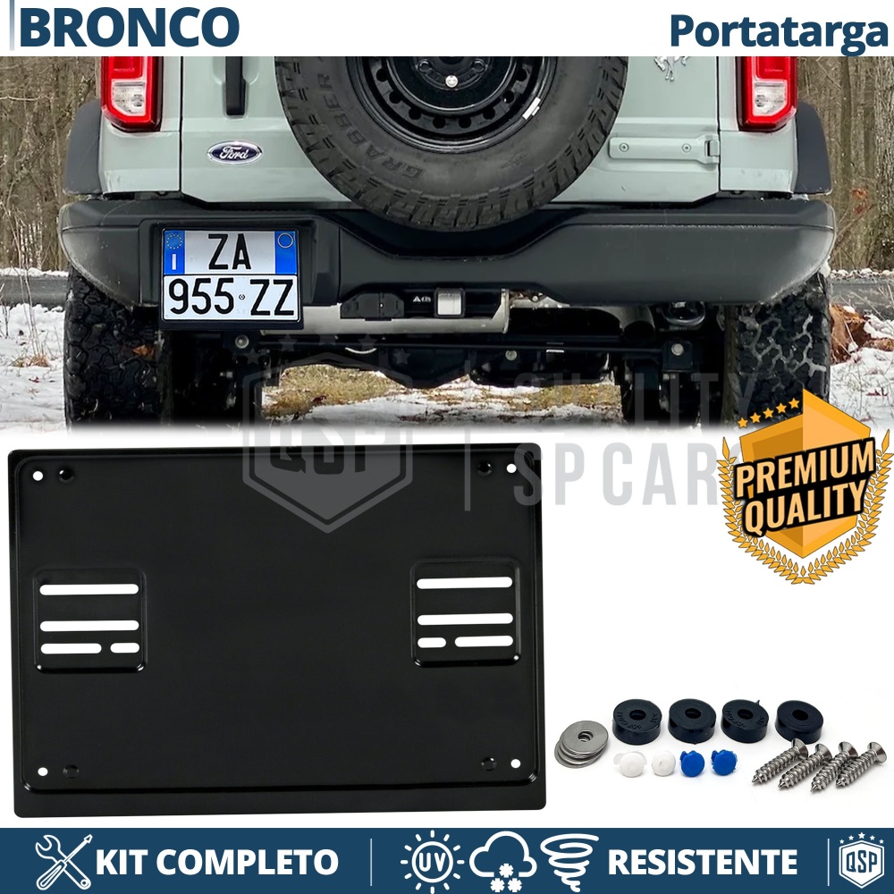 Portamatrícula TRASERO para Ford Bronco Cuadrado | Kit COMPLETO en ACERO INOXIDABLE Negro