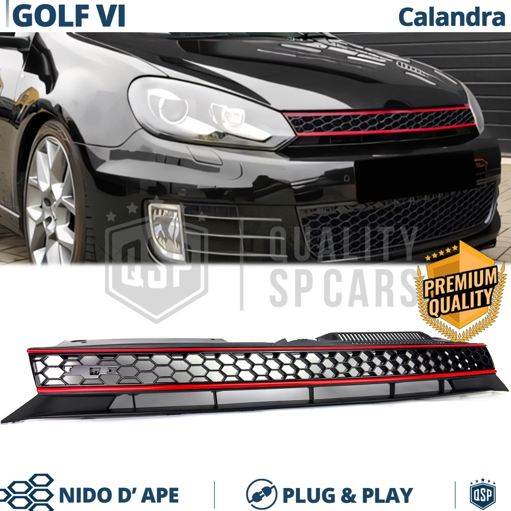 REJILLA Delantera para Vw GOLF 6 Tuning GTI Style Parrilla Negro Brillante Raya Roja REJILLA Delantera para Vw GOLF 6 Tuning GTI Style Parrilla Negro Brillante Raya Roja