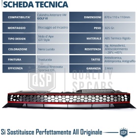 REJILLA Delantera para Vw GOLF 6 Tuning GTI Style Parrilla Negro Brillante Raya Roja
