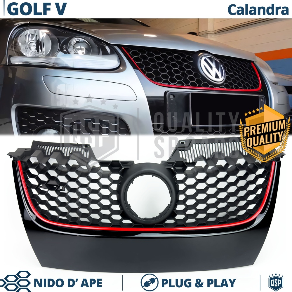 REJILLA Delantera para Vw GOLF 5 GTI Style Parrilla Tuning Negro Brillante Raya Roja REJILLA Delantera para Vw GOLF 5 GTI Style Parrilla Tuning Negro Brillante Raya Roja