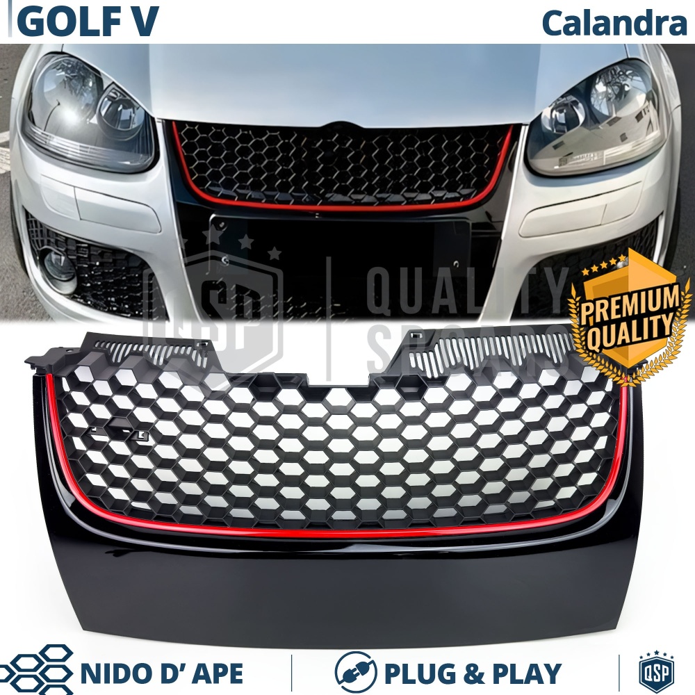 REJILLA Delantera para Vw GOLF 5 Tuning GTI Style Parrilla Negro Brillante Raya Roja REJILLA Delantera para Vw GOLF 5 Tuning GTI Style Parrilla Negro Brillante Raya Roja