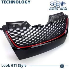 REJILLA Delantera para Vw GOLF 5 Tuning GTI Style Parrilla Negro Brillante Raya Roja