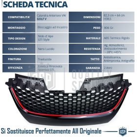 REJILLA Delantera para Vw GOLF 5 Tuning GTI Style Parrilla Negro Brillante Raya Roja